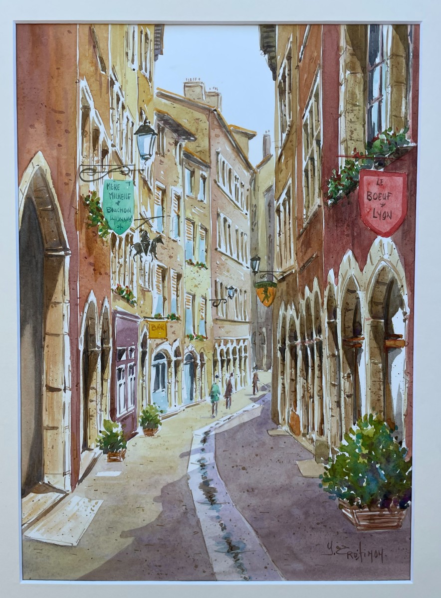 Watercolor Of Old Lyon And Its Bouchon Lyonnais Restaurants
