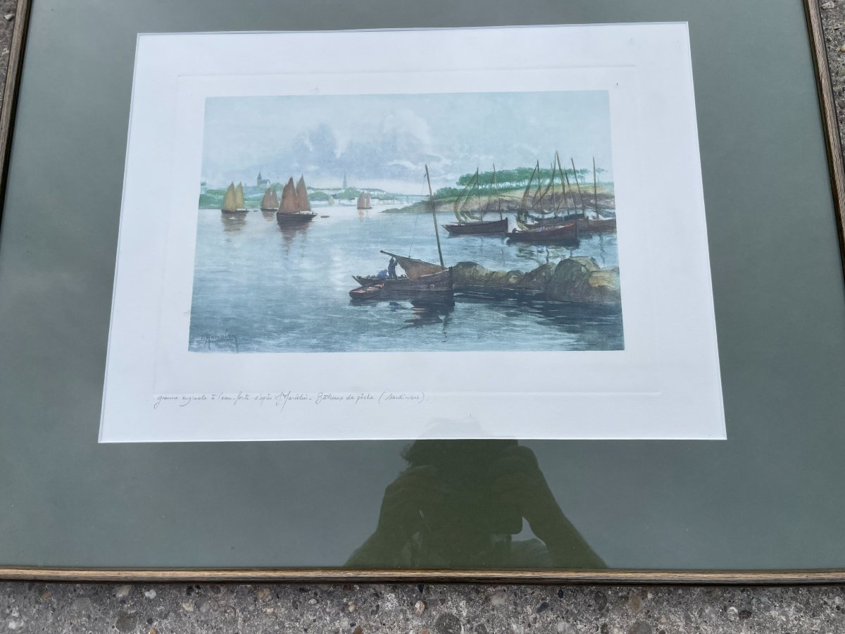 litho de bateaux " Les Sardiniers " signée J- Marcelin -photo-2