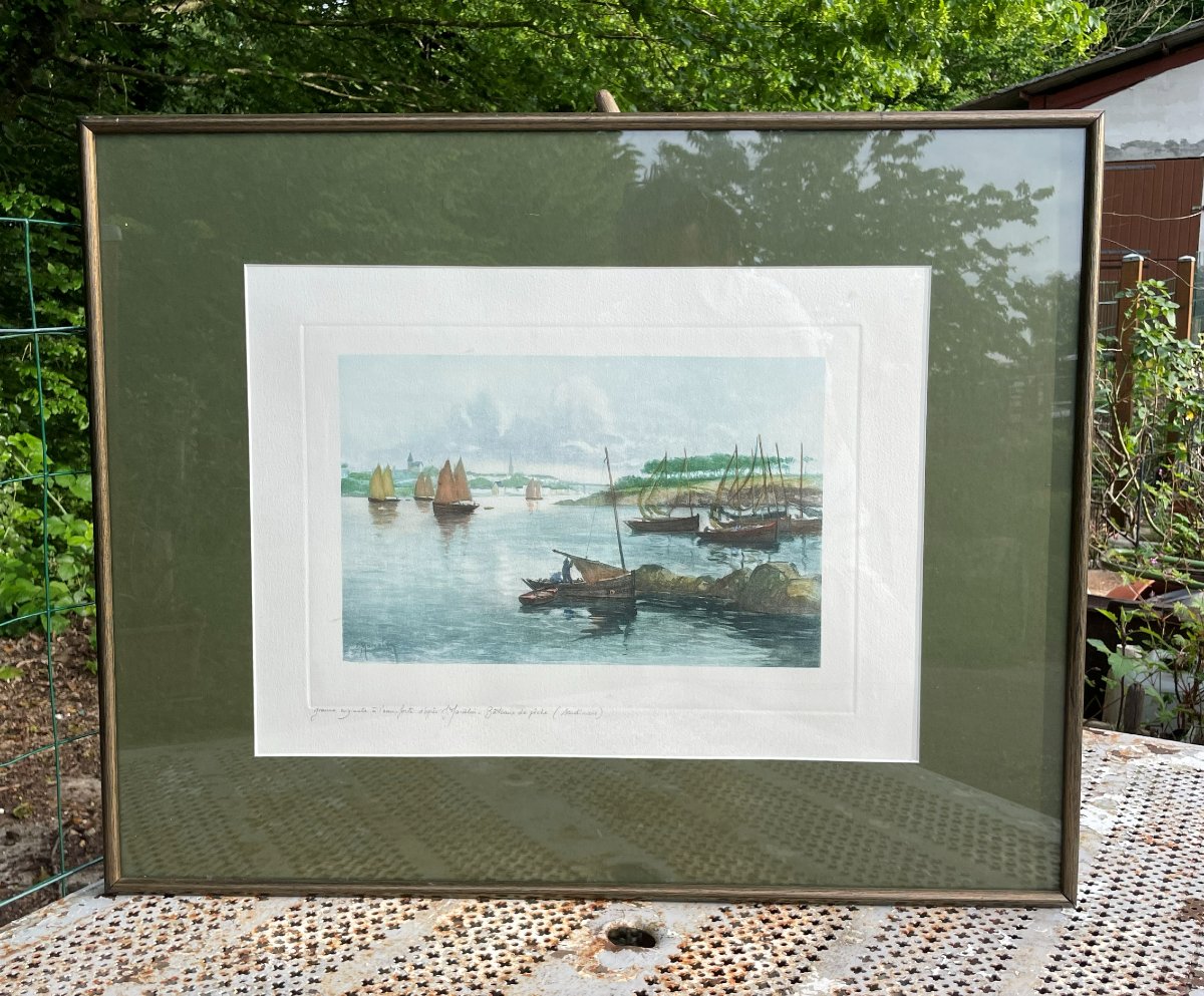 litho de bateaux " Les Sardiniers " signée J- Marcelin -photo-3