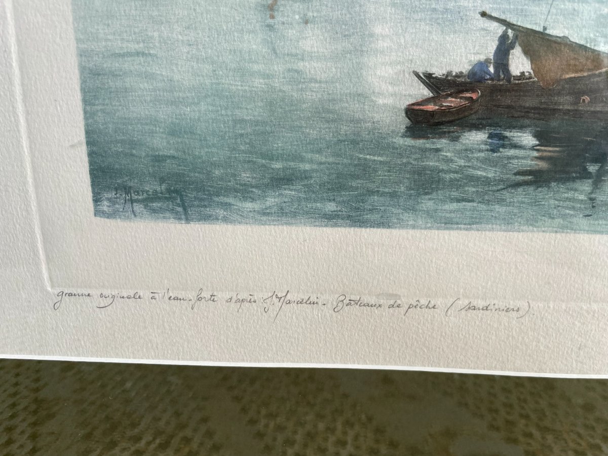 litho de bateaux " Les Sardiniers " signée J- Marcelin -photo-4