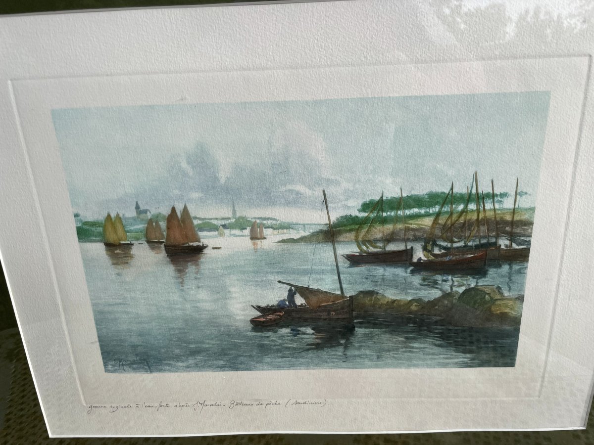 litho de bateaux " Les Sardiniers " signée J- Marcelin -photo-3