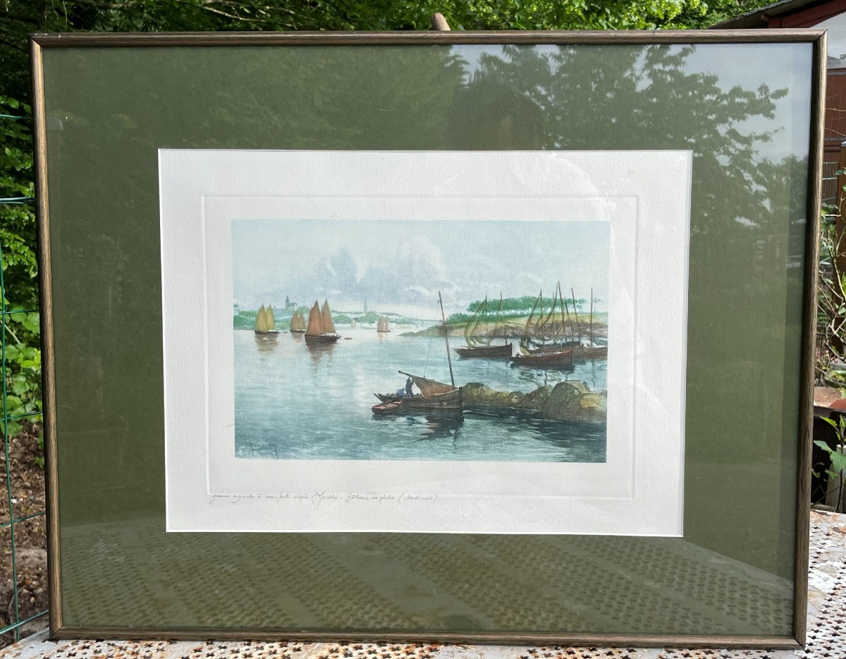 litho de bateaux " Les Sardiniers " signée J- Marcelin 