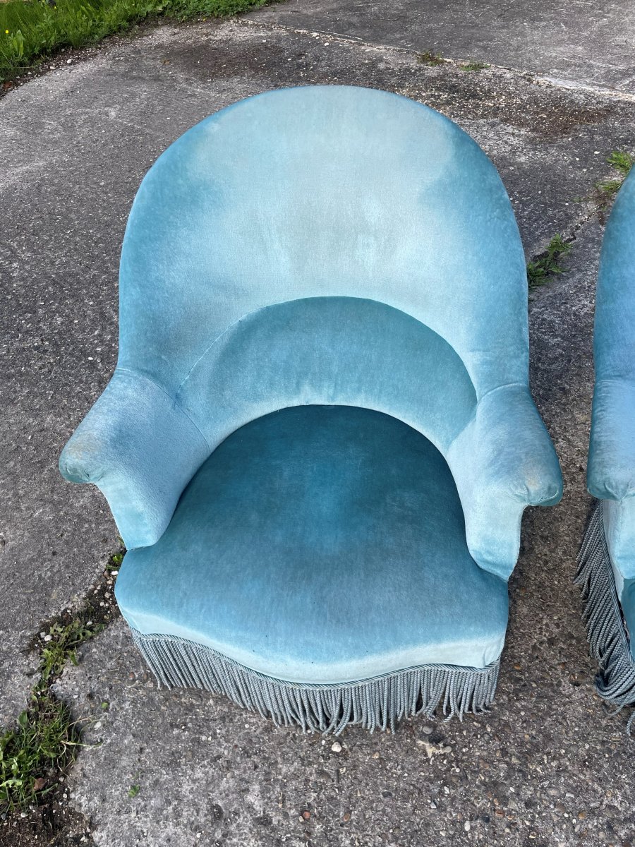 2 Fauteuils N III bleu azur dit crapaud au 19ème siècle -photo-4