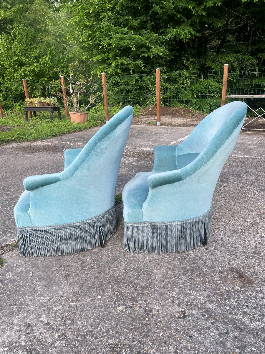 2 Fauteuils N III bleu azur dit crapaud au 19ème siècle -photo-2