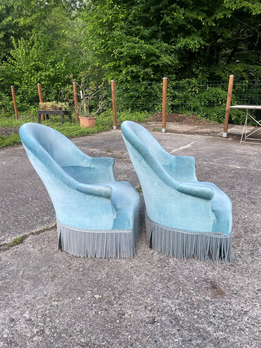 2 Fauteuils N III bleu azur dit crapaud au 19ème siècle -photo-4