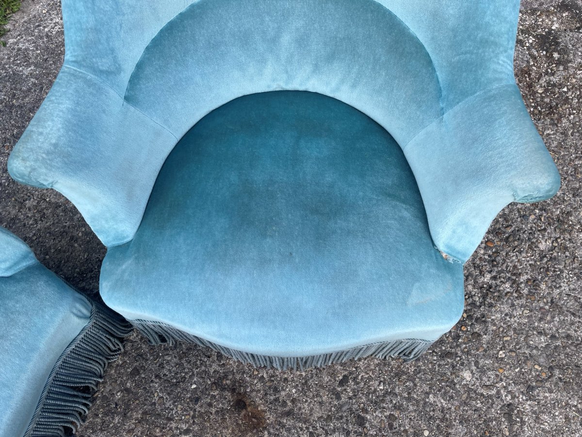 2 Fauteuils N III bleu azur dit crapaud au 19ème siècle -photo-7