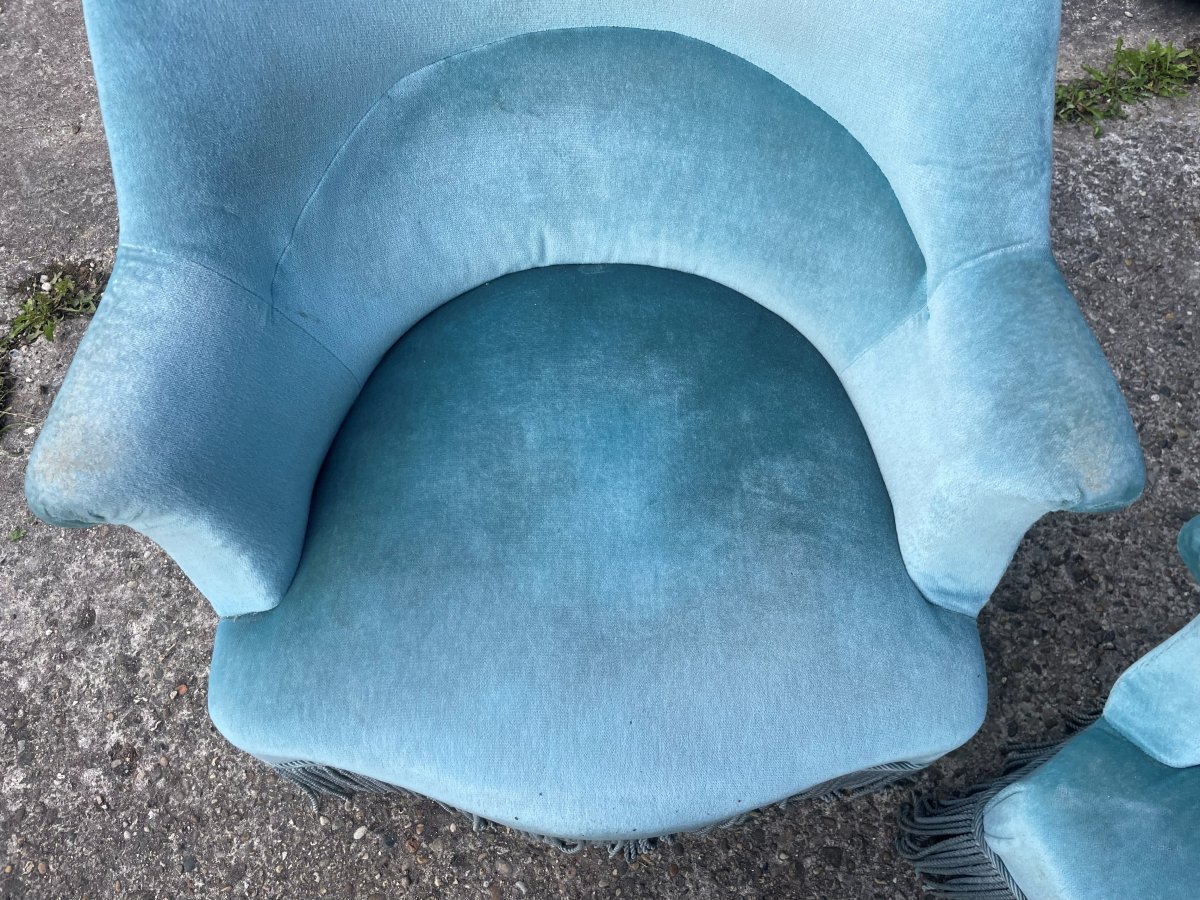 2 Fauteuils N III bleu azur dit crapaud au 19ème siècle -photo-8