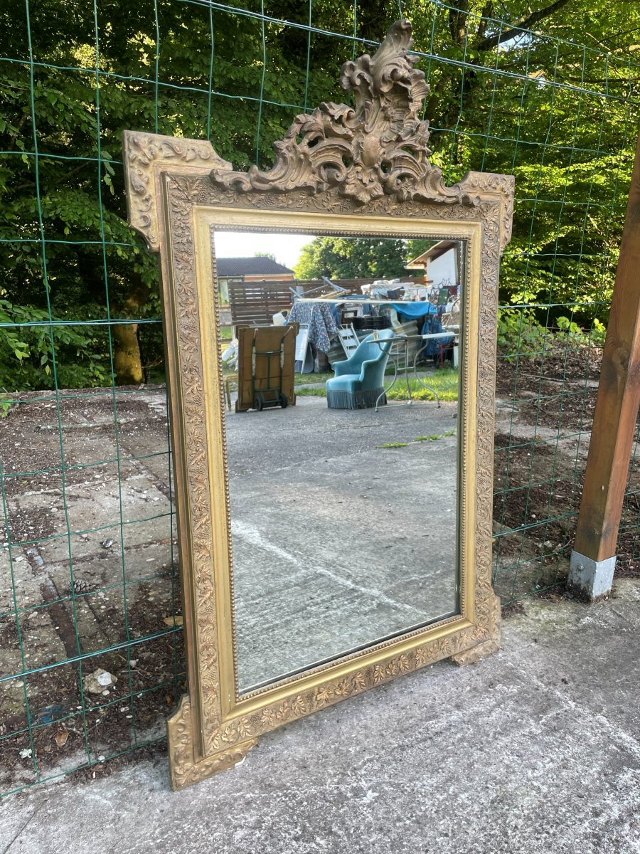 1900 Wood And Gilded Plaster Shell Mirror In Good Condition-photo-1