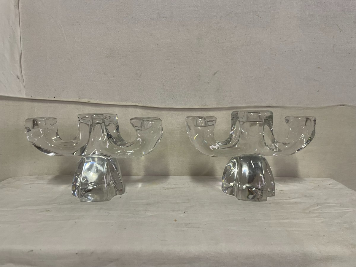 DAUM France - Paire de Bougeoirs en Cristal Le gros Modèle Gemeaux  ou Orion -photo-2