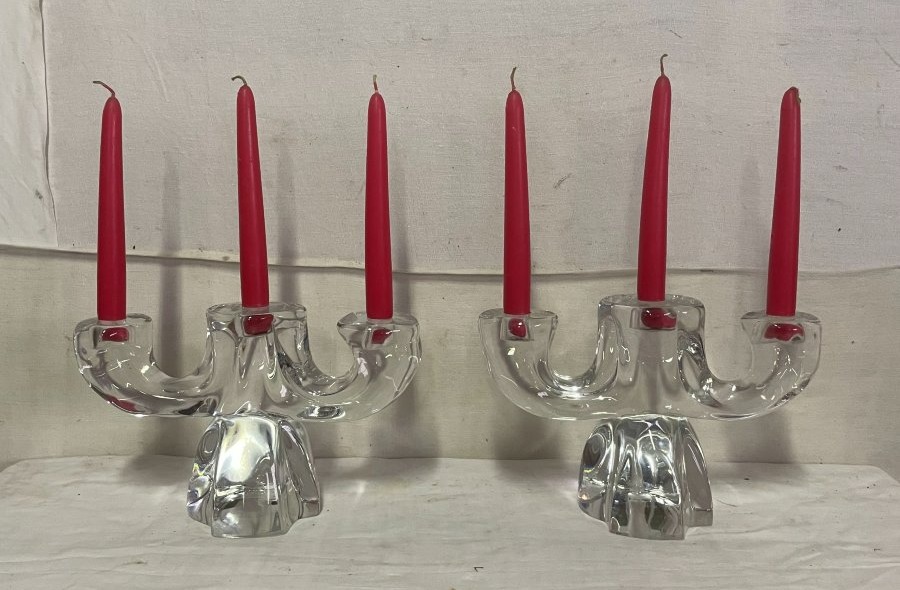 Proantic: Daum France - Pair Of Crystal Candleholders: The Large 