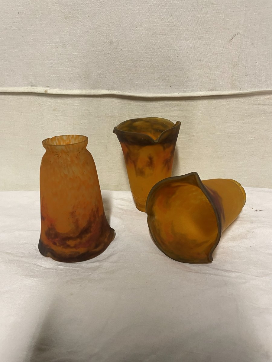 3 Muller Luneville Glass Tulip Lamp Shades Made Of Glass Paste -photo-2