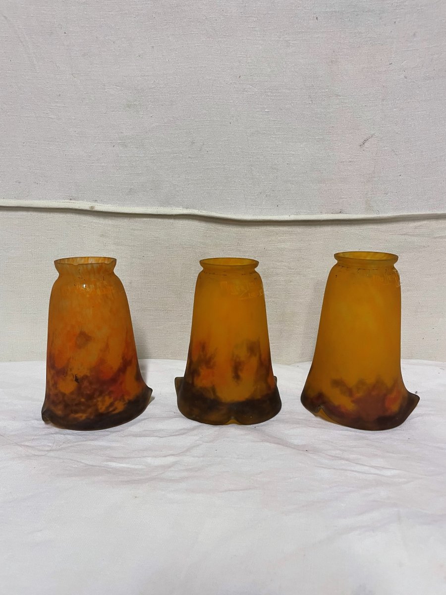 3 Muller Luneville Glass Tulip Lamp Shades Made Of Glass Paste 