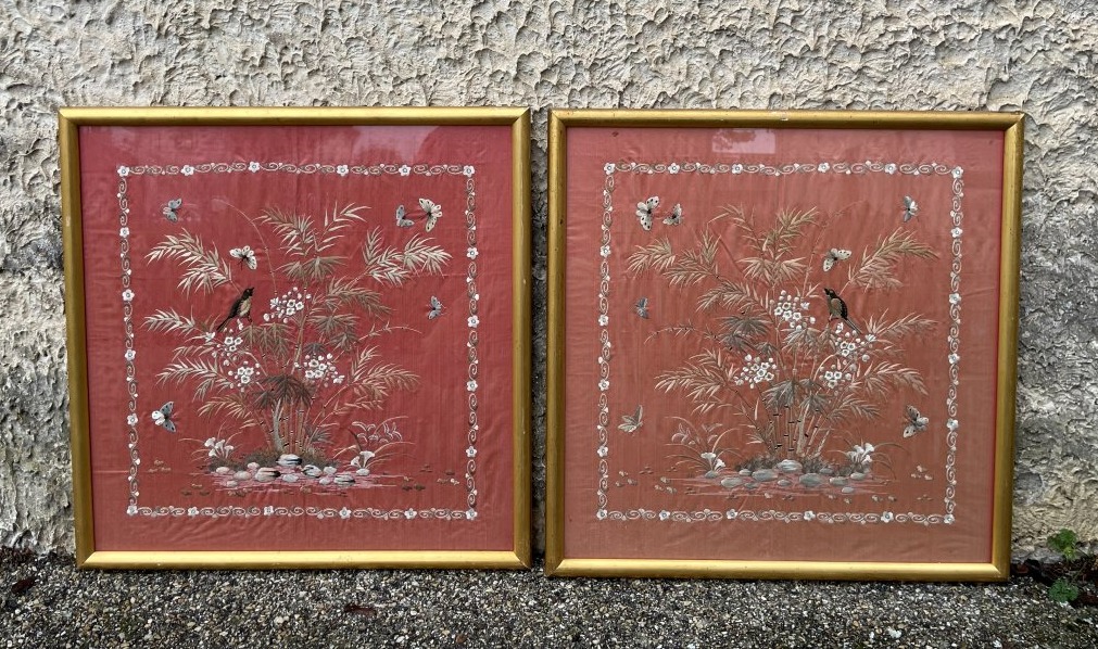 2 Embroidered Paintings & Gilded Frames