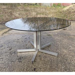 Large Glass And Aluminum Table, Ligne Roset Or In The Style, In Very Good Condition