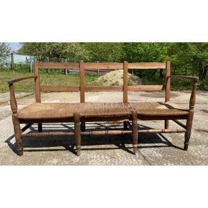 Radassier Banquette Provençal 3 places paillé en bois du 19ème un peu usée