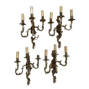 4 Bronze 3-branch Wall Lights In Good Condition, Louis XV Style