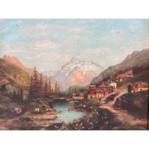 Old Painting "mountain Landscape" Oil On Canvas And Beautiful - 73x60cm
