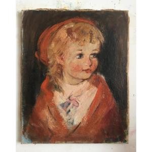 Painting By Agostini _ Oil On Canvas "the Little Girl In Red" 