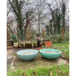2 Flower Pots / 2 Round Planters In Vintage Composite Cement 1950-60