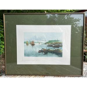 litho de bateaux " Les Sardiniers " signée J- Marcelin