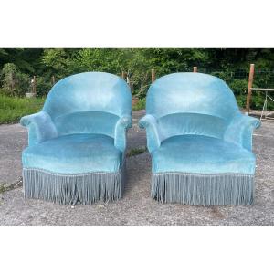 2 Fauteuils N III bleu azur dit crapeau au 19ème siècle 