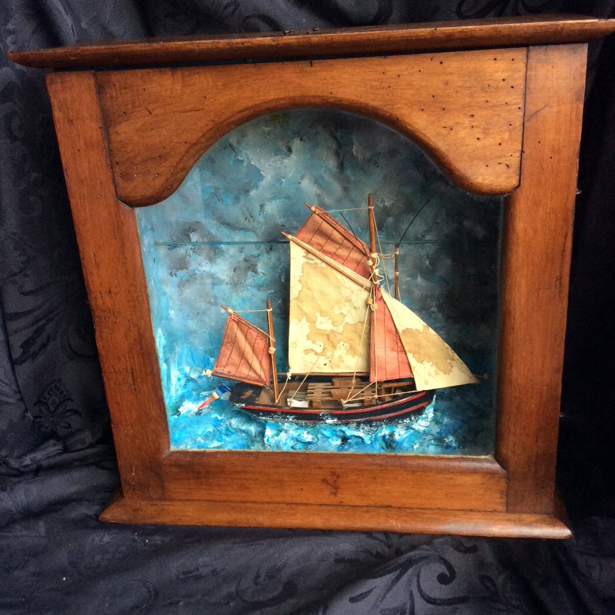 Diorama, Ex-voto, Tuna Boat From The Island Of Groix In The Storm In A Wooden Showcase, Named, Dated-photo-1