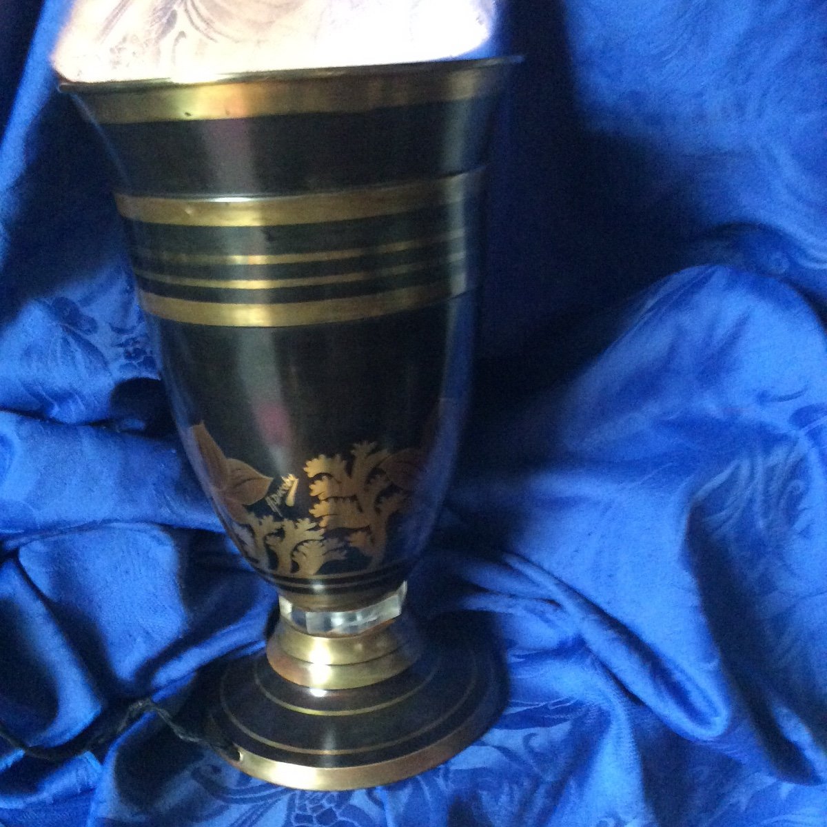 Large Dinander Lamp With Gold And Black Tops On Art Deco Floral Ornaments, Signed A.ducobu.-photo-3