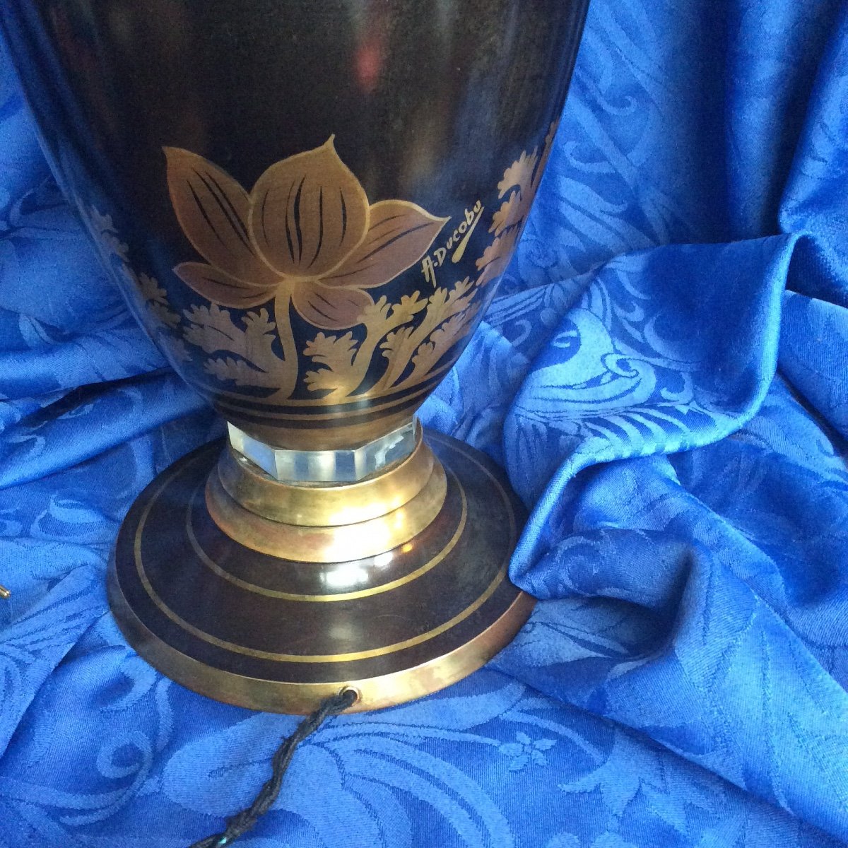 Large Dinander Lamp With Gold And Black Tops On Art Deco Floral Ornaments, Signed A.ducobu.-photo-3