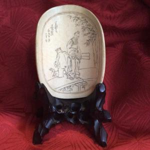 Asian Ivory Object With Its Support, Park Scene With 2 Characters Giving Food