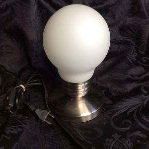 Globe Table Lamp In Opaline, Brushed Steel Base, Perfect Working Condition 20 Eme.