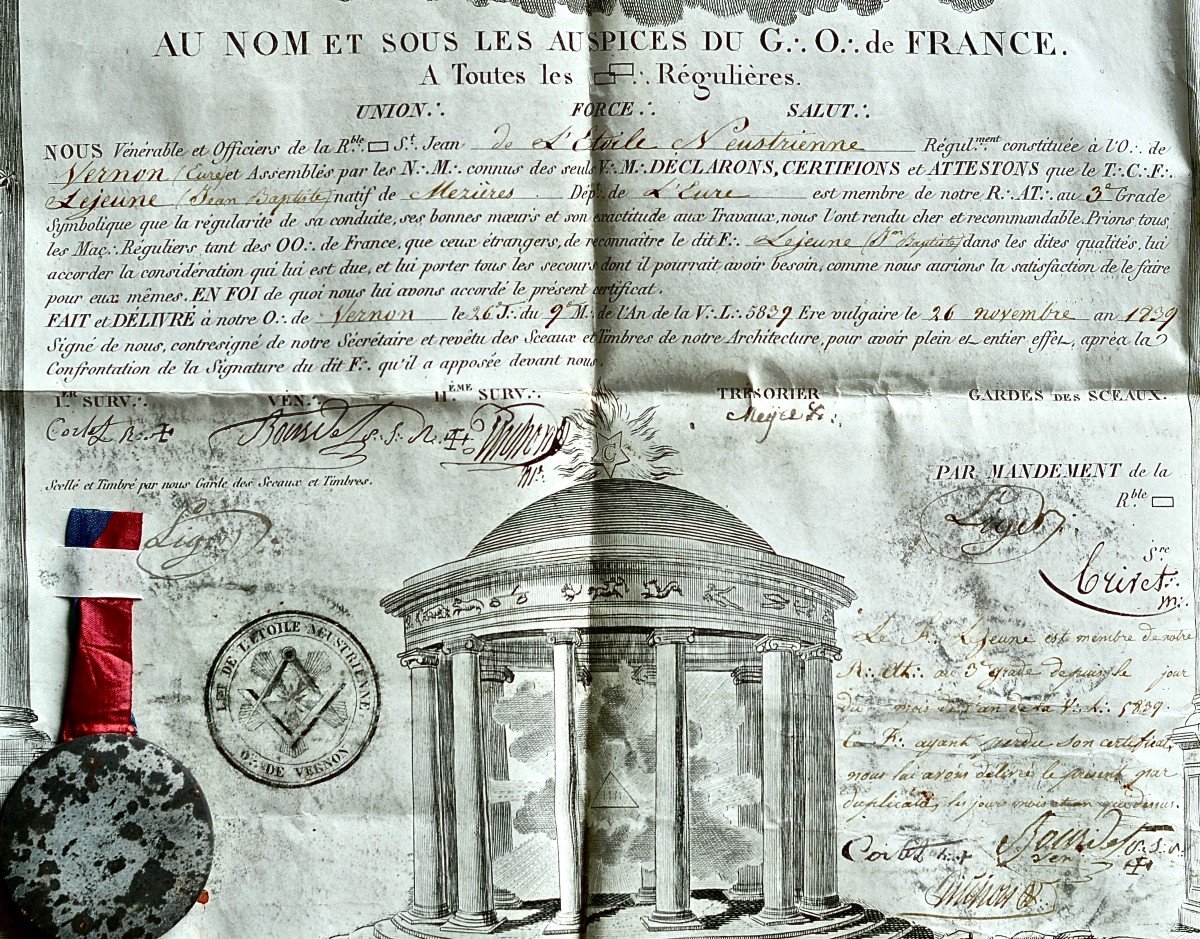 Certificat du Grand Orient de France, 1839,  sur Velin-photo-3