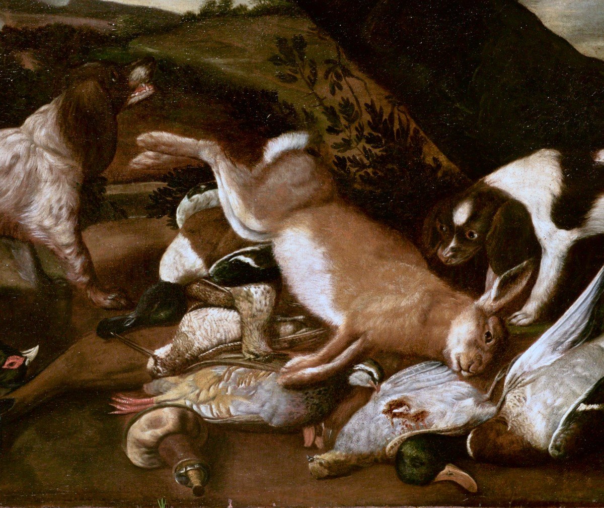 Grande Nature Morte de Chasse avec Chiens et Oiseaux, Signée et Datée 1669-photo-2