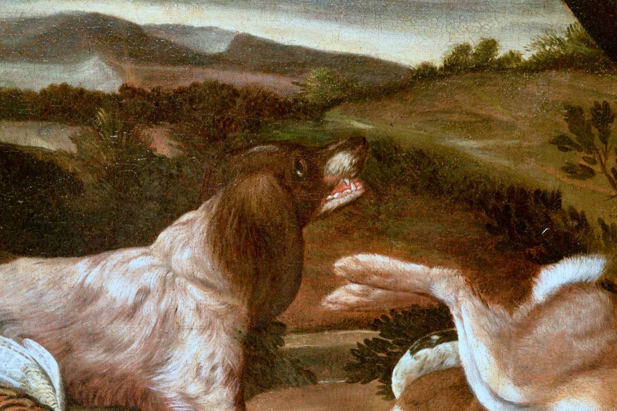 Grande Nature Morte de Chasse avec Chiens et Oiseaux, Signée et Datée 1669-photo-4