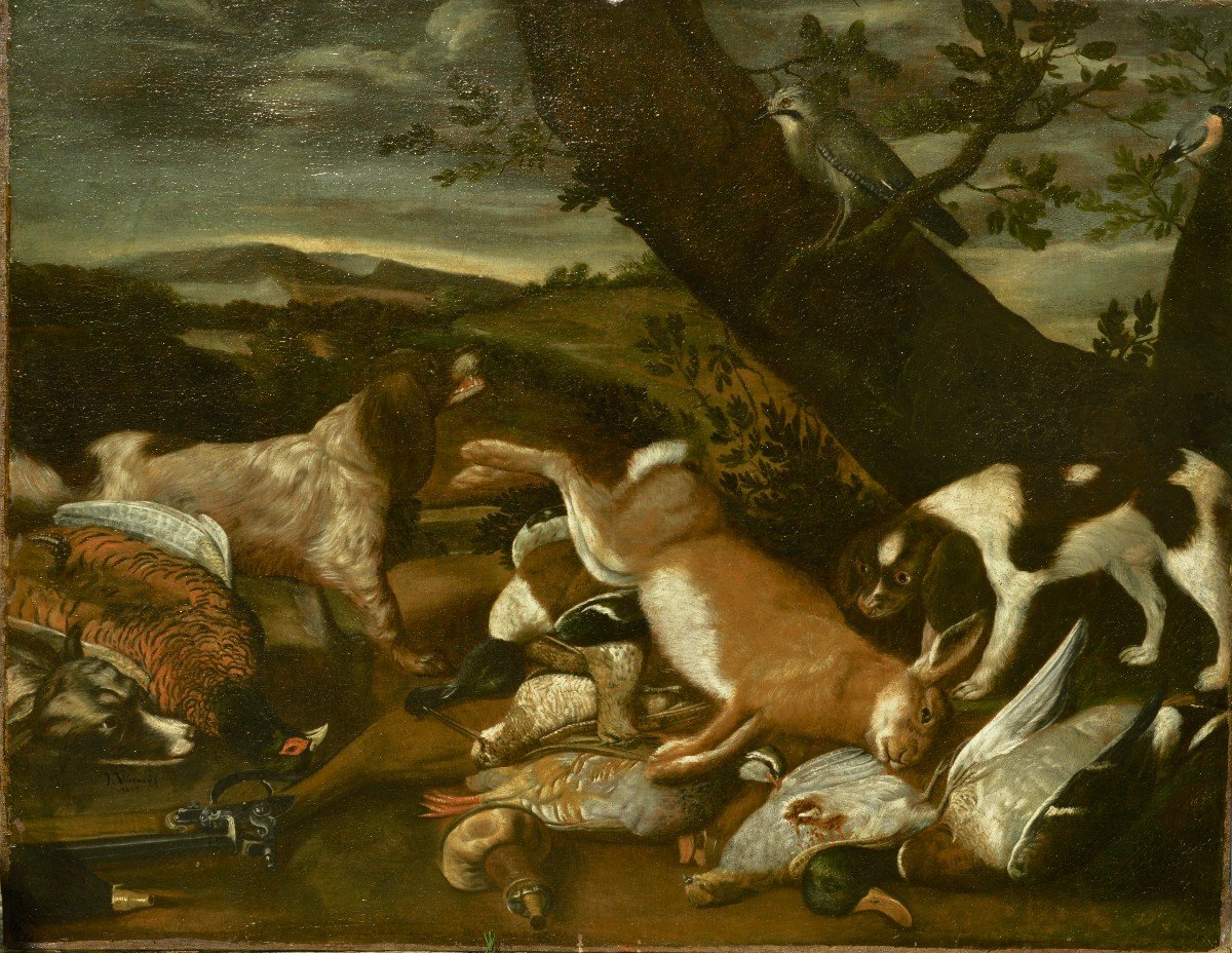Grande Nature Morte de Chasse avec Chiens et Oiseaux, Signée et Datée 1669