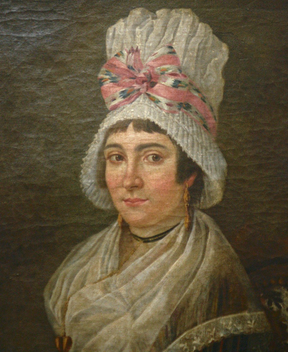 Portrait de Femme à la Coiffe, Epoque Directoire, Huile sur Toile-photo-2