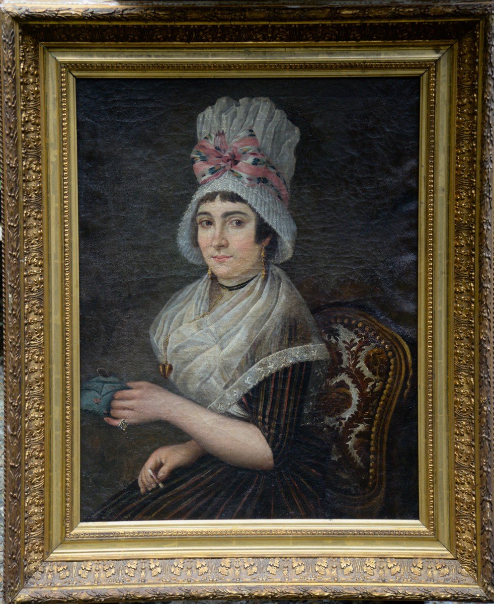 Portrait de Femme à la Coiffe, Epoque Directoire, Huile sur Toile