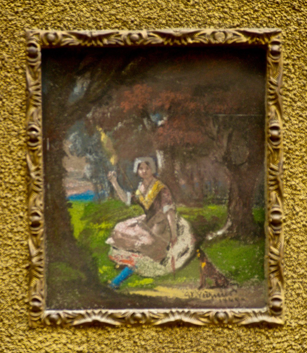Urbain Viguier "scenes Of Park And Forest" 9 Pastels Under The Same Frame, 1849-photo-4