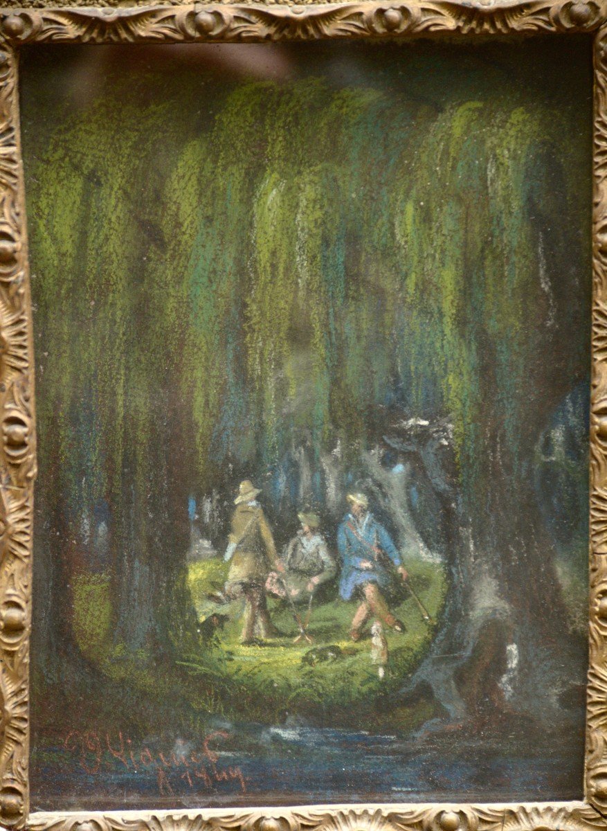Urbain Viguier "scenes Of Park And Forest" 9 Pastels Under The Same Frame, 1849-photo-1
