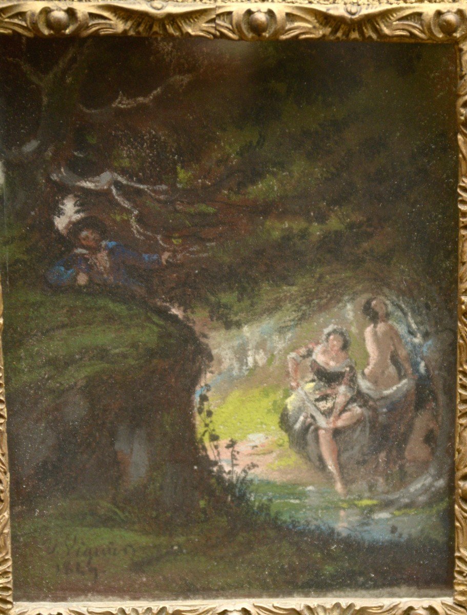 Urbain Viguier "scenes Of Park And Forest" 9 Pastels Under The Same Frame, 1849-photo-2