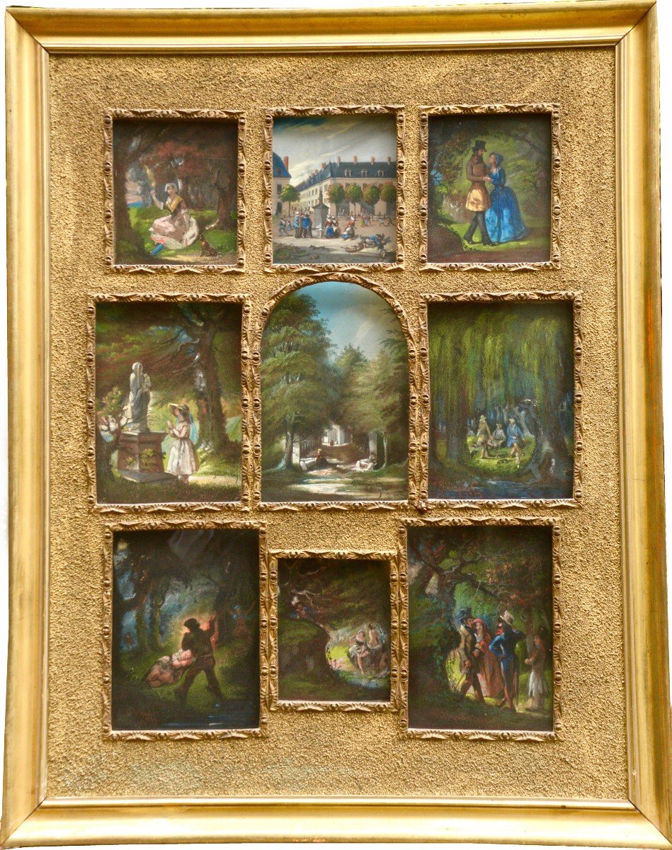 Urbain Viguier "scenes Of Park And Forest" 9 Pastels Under The Same Frame, 1849