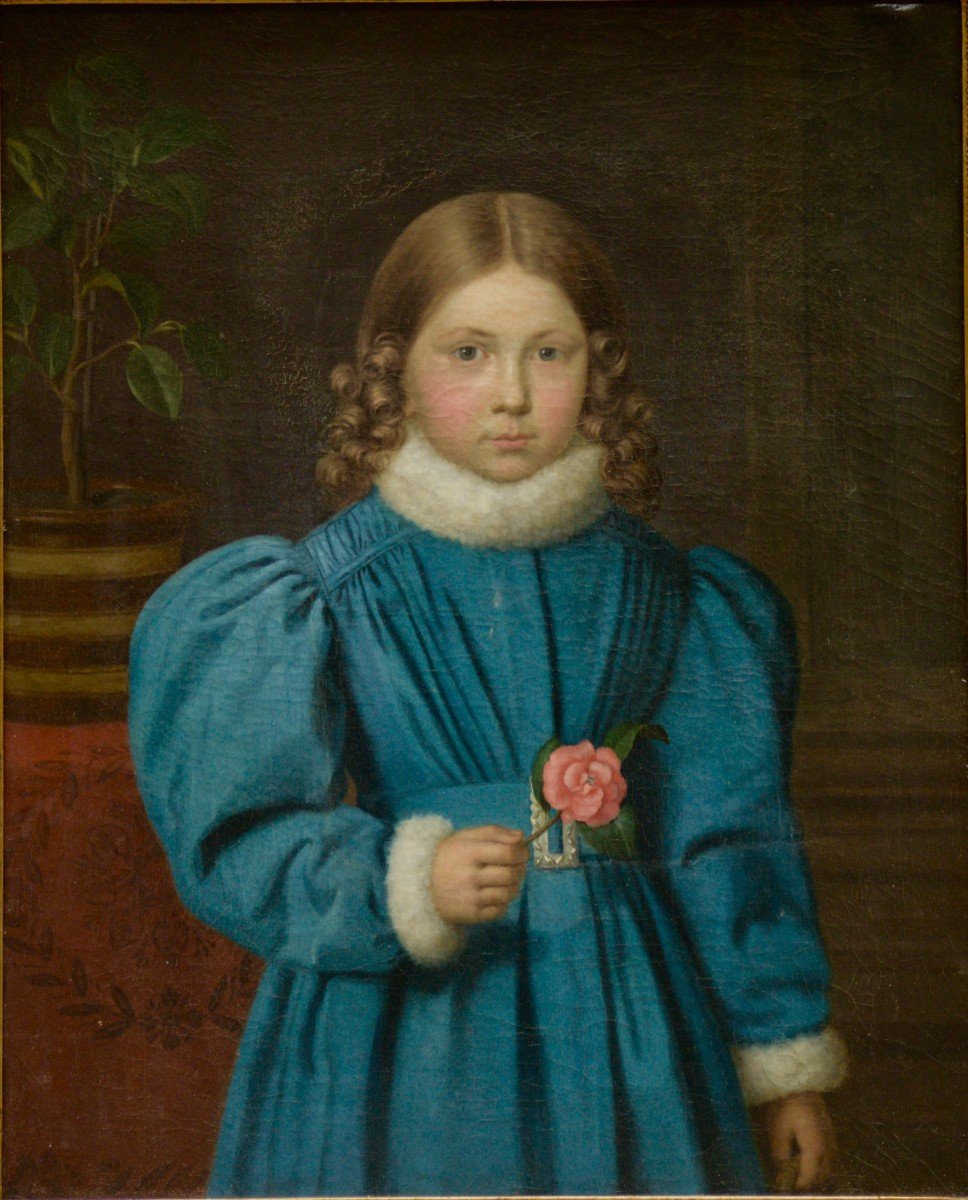 "little Girl With The Rose" Oil On Canvas Circa 1830-photo-2