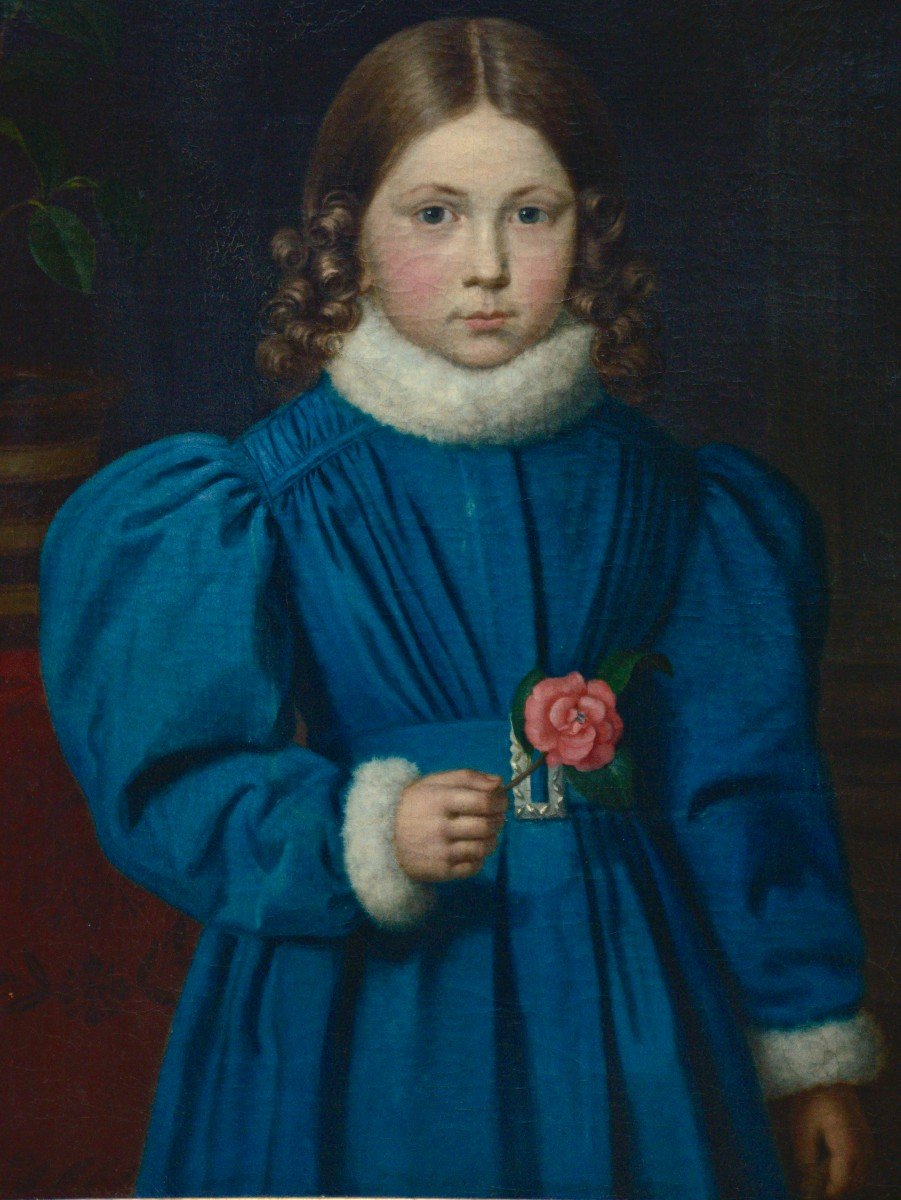 "little Girl With The Rose" Oil On Canvas Circa 1830-photo-3