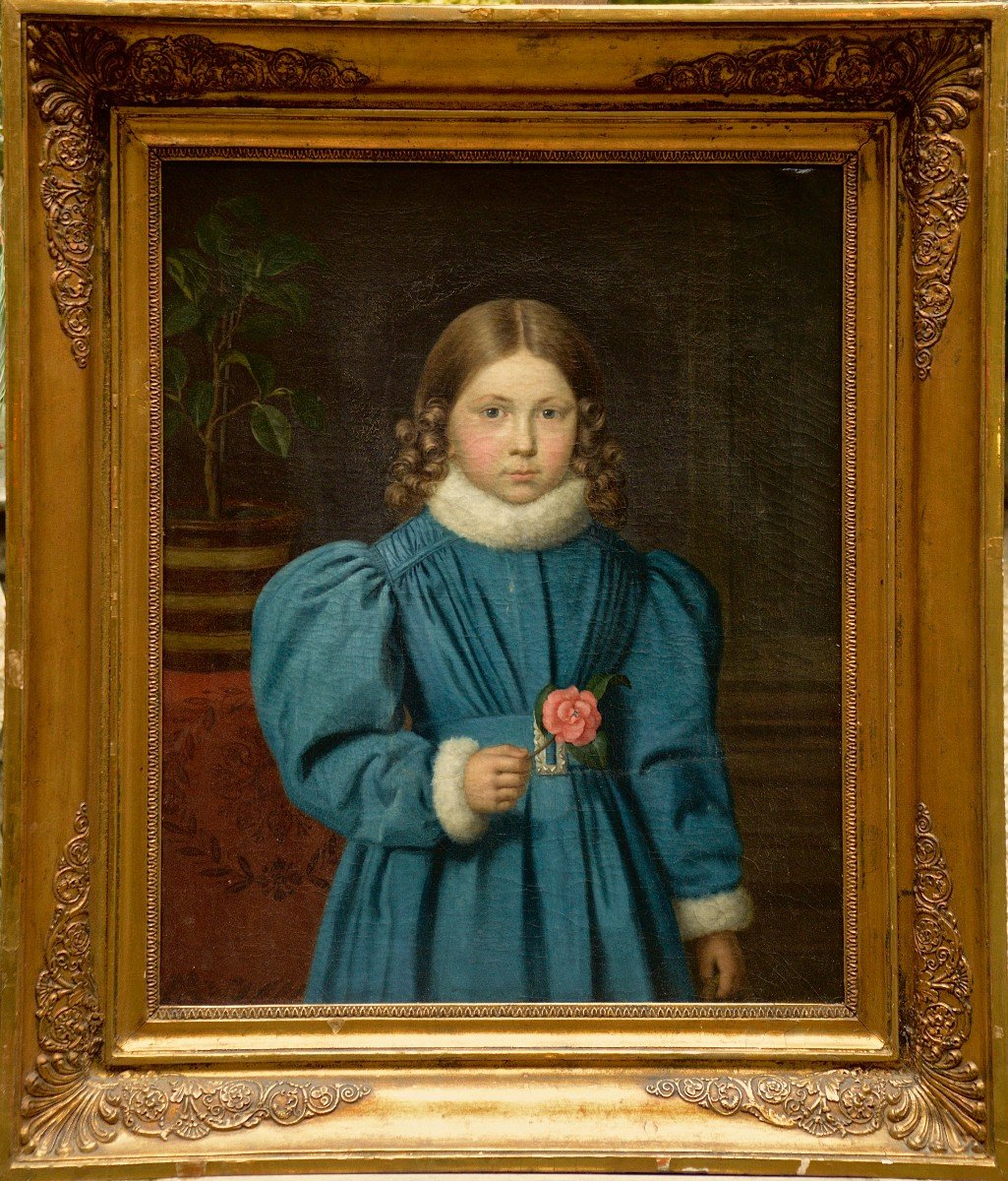 "little Girl With The Rose" Oil On Canvas Circa 1830