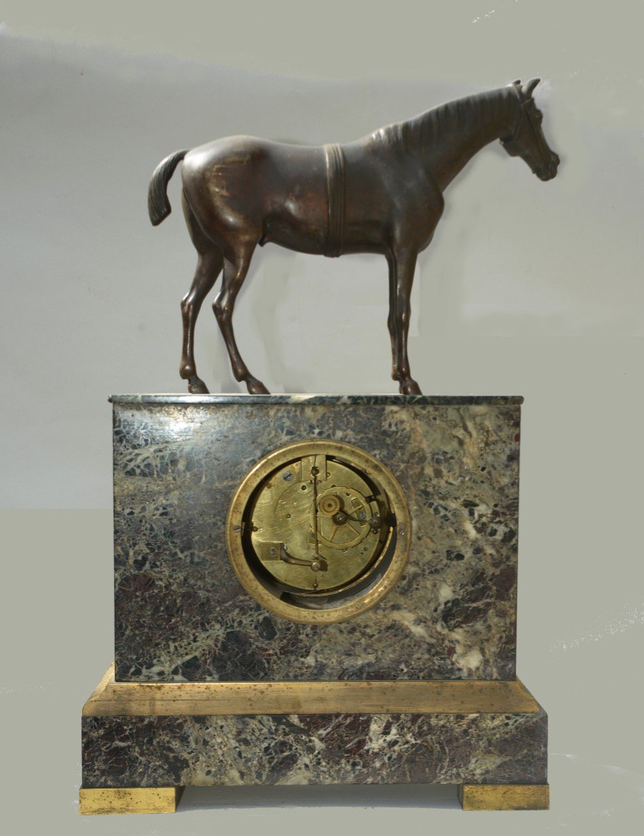 Pendule Restauration "au Cheval", Marbre et Bronze, XIXème, Ets Barbot Paris-photo-2