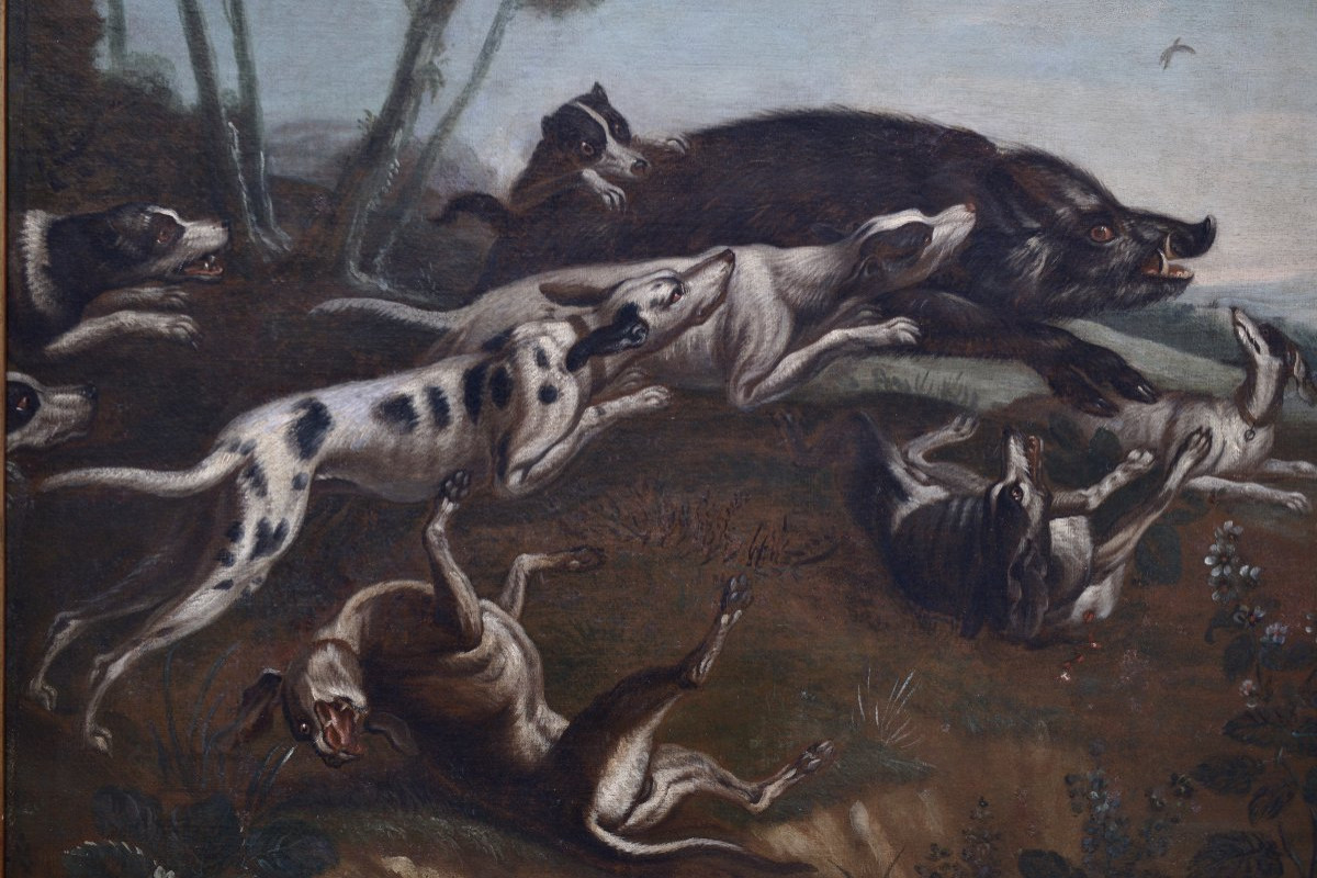 Flemish School "wild Boar Hunt" Oil On Canvas 17th Century-photo-2