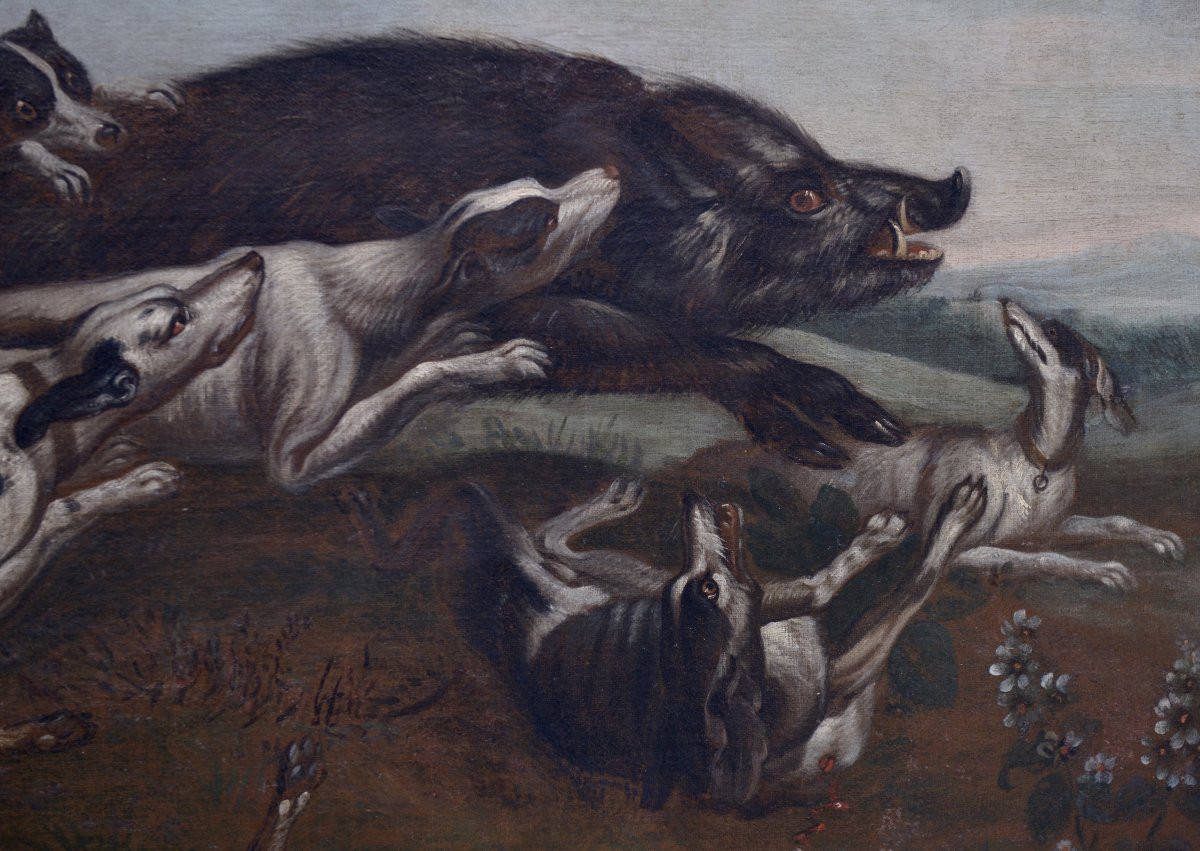 Flemish School "wild Boar Hunt" Oil On Canvas 17th Century-photo-3