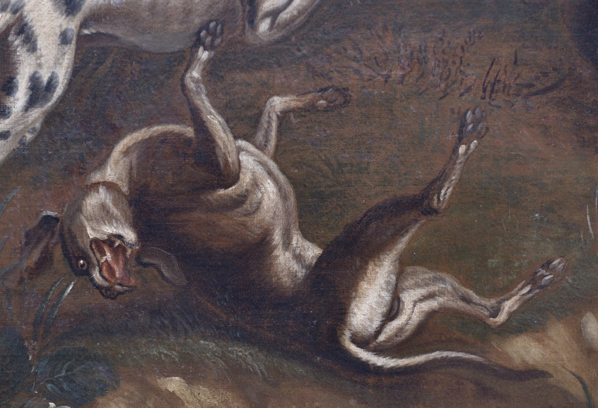 Flemish School "wild Boar Hunt" Oil On Canvas 17th Century-photo-4