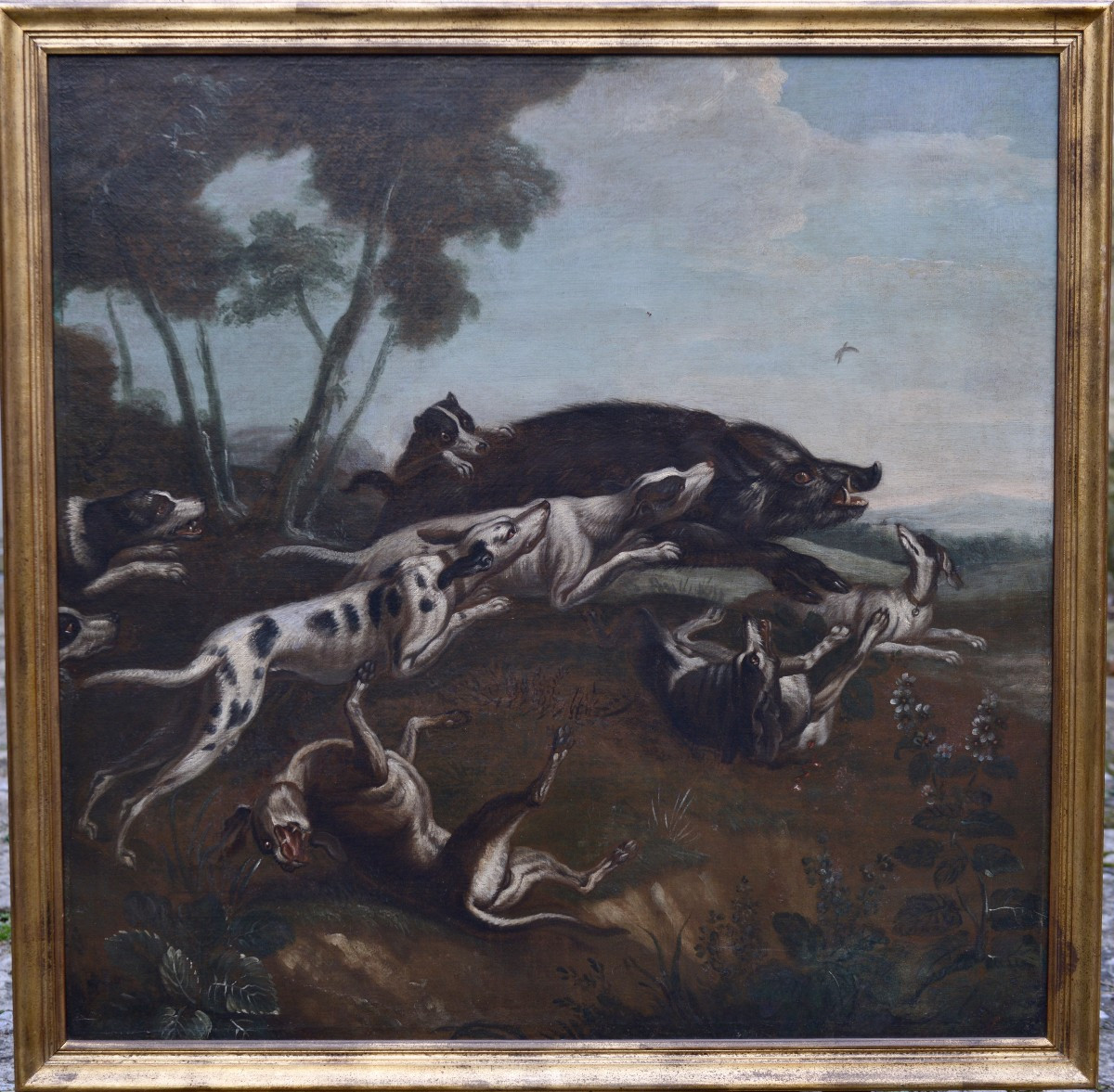 Flemish School "wild Boar Hunt" Oil On Canvas 17th Century
