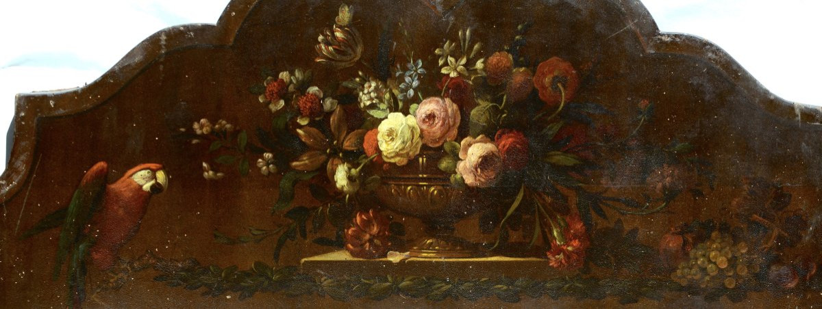 Grande Nature Morte Au Perroquet, Huile Sur Cuir XIXème-photo-2