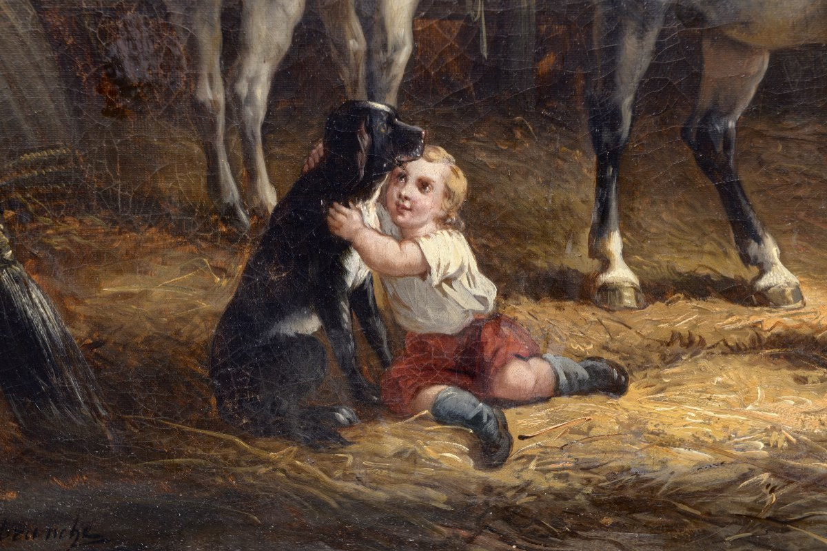 Louis-claude Malbranche (1790 - 1838) " Aux Ecuries" Huile Sur Toile 19ème-photo-3